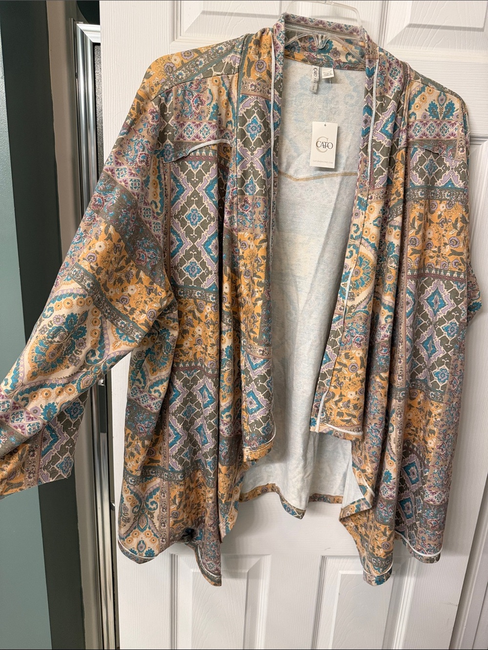 Cato Multi-Print Open-Front Shawl Cardigan in Gold, Teal & Gray
